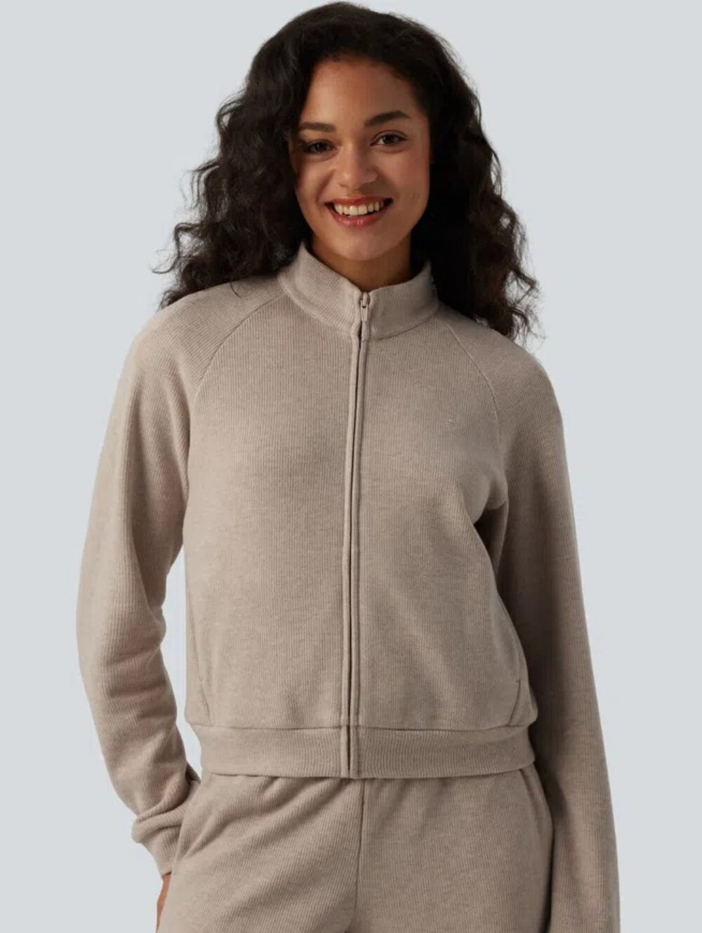 NWoT HALARA Stand Collar Ribbed Zip Up Bomber Sweater Jacket in Beige M